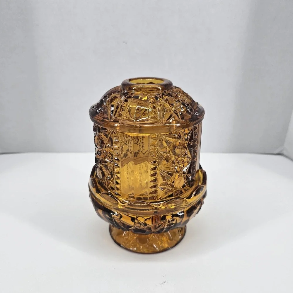 Vintage Indiana Glass Large Golden Amber Stars And Bars Fairy Lamp
